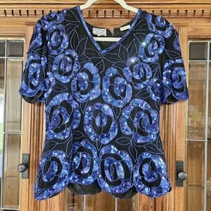 Vintage Sténay Black and Blue Sequin Floral Blouse | 100% Silk | Petite M